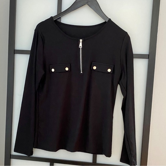 Deep V-Neck, Long Sleeve, Form-fitting, Pullover, Solid Zipper, T-shirt Top - Picture 4 of 7